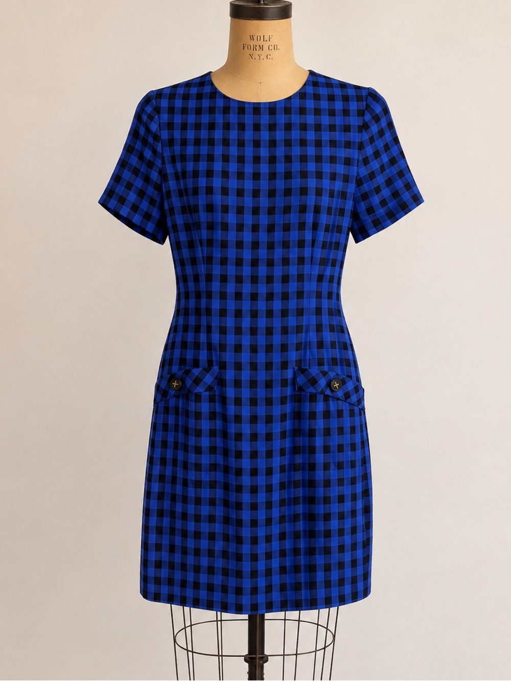 Vintage 1980s Misty Lane Black & Cobalt Blue Checkered Dress